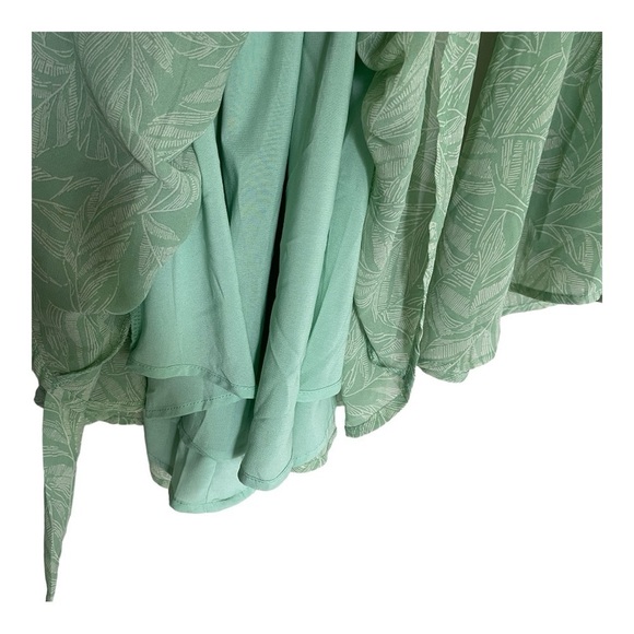 Aura Green Leaf Print Mini Dress with Bell Sleeves and Tie Waist | Size Small - Picture 6 of 11